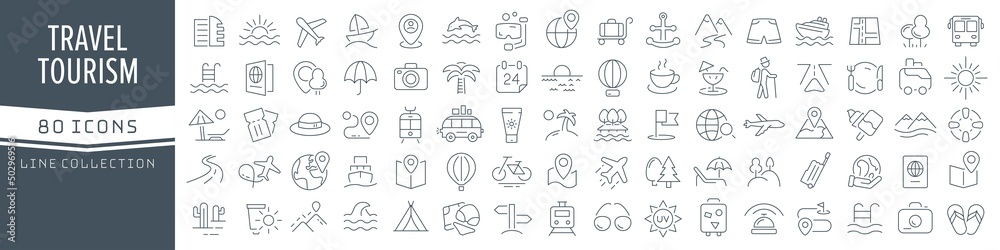 Travel and tourism line icons collection. Big UI icon set in a flat design. Thin outline icons pack. Vector illustration EPS10 - obrazy, fototapety, plakaty 
