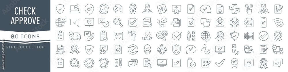 Check and approve line icons collection. Big UI icon set in a flat design. Thin outline icons pack. Vector illustration EPS10 - obrazy, fototapety, plakaty 