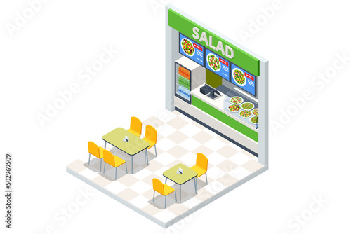 Isometric Fast Food Court Salad Bar, Fast Food Salad Bar, Restaurant Interior, Food Court, Cafeteria, Market Place Mall Food Stall, Kiosk