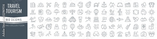 Travel and tourism line icons collection. Big UI icon set in a flat design. Thin outline icons pack. Vector illustration EPS10
