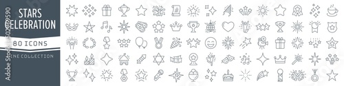 Stars and celebration line icons collection. Big UI icon set in a flat design. Thin outline icons pack. Vector illustration EPS10