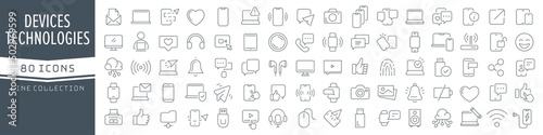 Devices and technology line icons collection. Big UI icon set in a flat design. Thin outline icons pack. Vector illustration EPS10