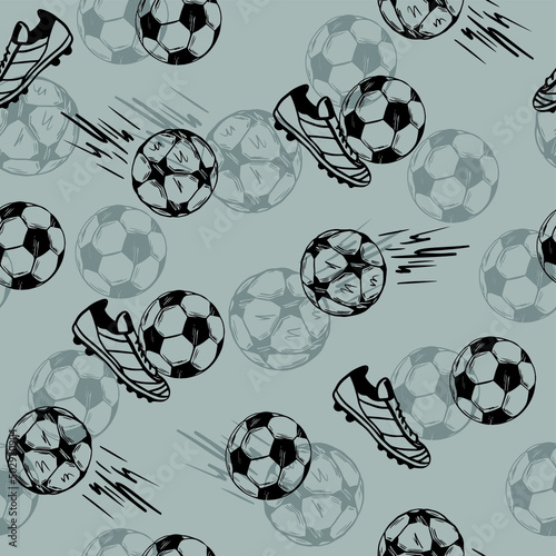 Seamless pattern with ball and soccer shoe. Background for textile, fabric, stationery, clothes, socks, wrapping paper and other designs.