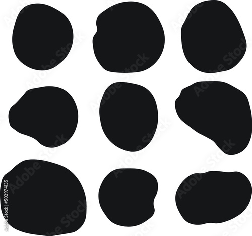 Set of abstract ink blotch, round liquid blot inkblot shape. Freskle pebble. Deform random smooth  Black irregular patches on white backdrop. Abstract cows skin texture illustration. Random bovine spo