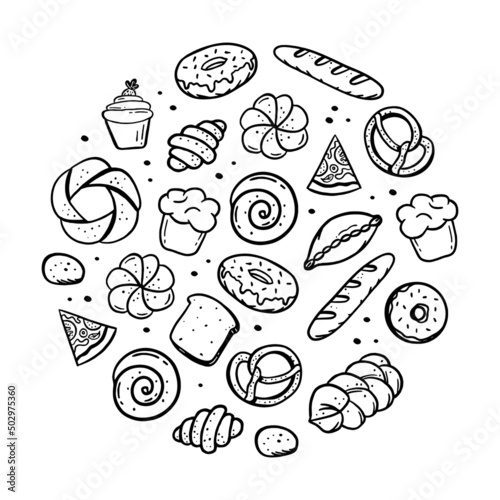 A hand-drawn set of bakery items elements bretzel croissant bread donut baguette Vector in the style of a doodle sketch. For cafe and bakery menus