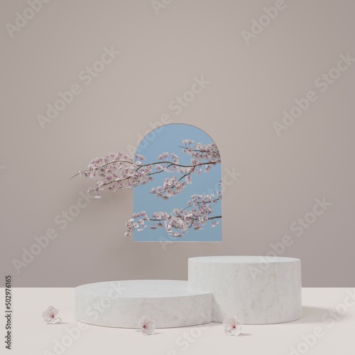 Step cylindrical white marble pedestal showcase podium stage with natural fresh plants for product presentation 3D rendering illustration