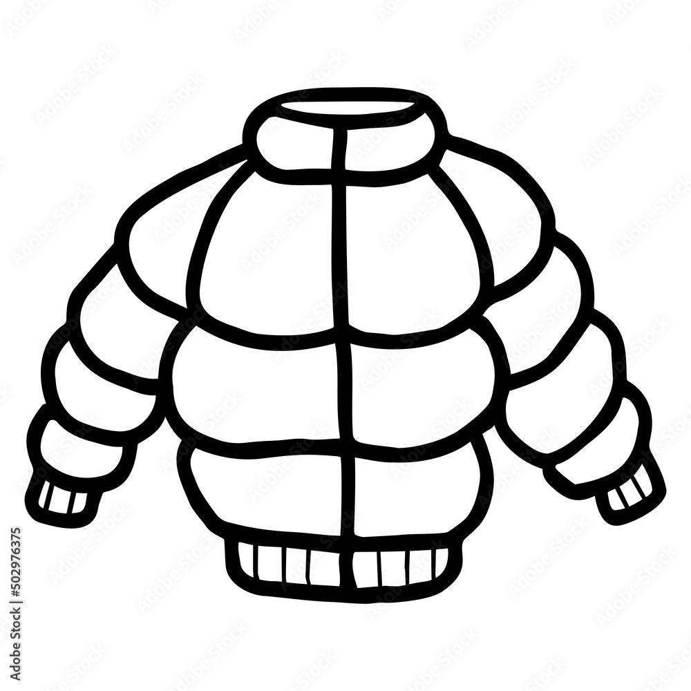 Childish freehand contour drawing of a down jacket. Simple cartoon black icon isolated on transparent background