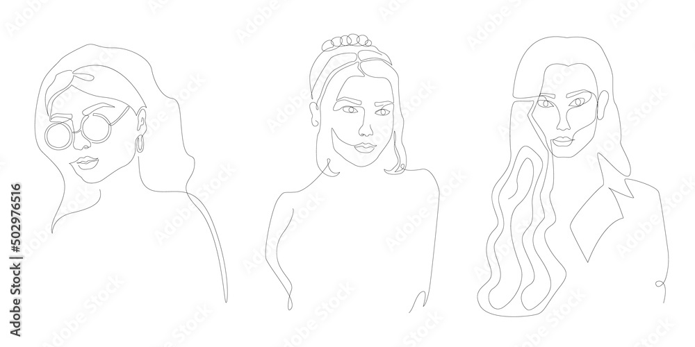 Set of three hand-drawn female portraits. Elegant line art with woman silhouettes in continuous line style. Woman in sunglasses, girl with messy bun and lady in robe with collar Set of three hand-drawn female portraits. Elegant line art with woman silhouettes in continuous line style. Woman in sunglasses, girl with messy bun and lady in robe with collar