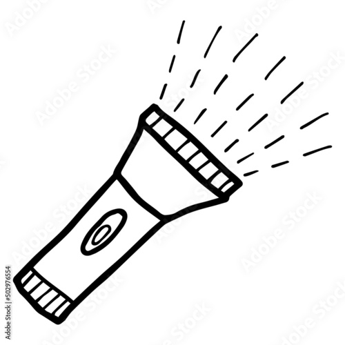 Childish freehand contour drawing of a electric torch. Simple cartoon black icon isolated on transparent background