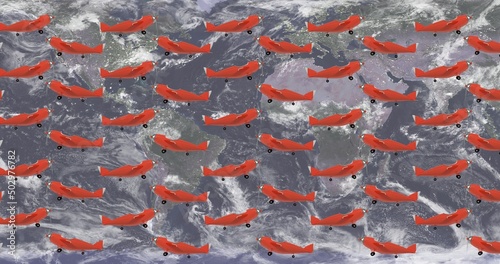 Illustrative image of multiple orange airplanes flying against globe