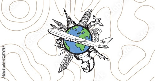 Illustration of airplane with globe and famous places with scribbles on white background, copy space
