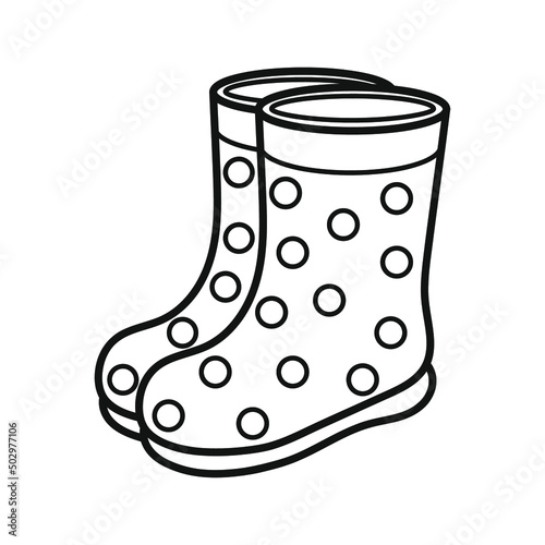 Rubber boots with polka dots. Coloring page. Black and white vector illustration. Icon.