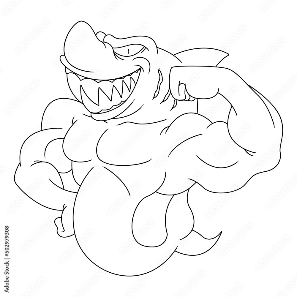 Coloring illustration of cartoon muscular shark Coloring illustration of cartoon muscular shark