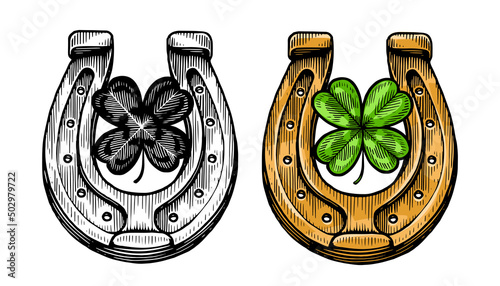 Vintage horseshoe and clover. Symbol of success and good luck. Vector illustration