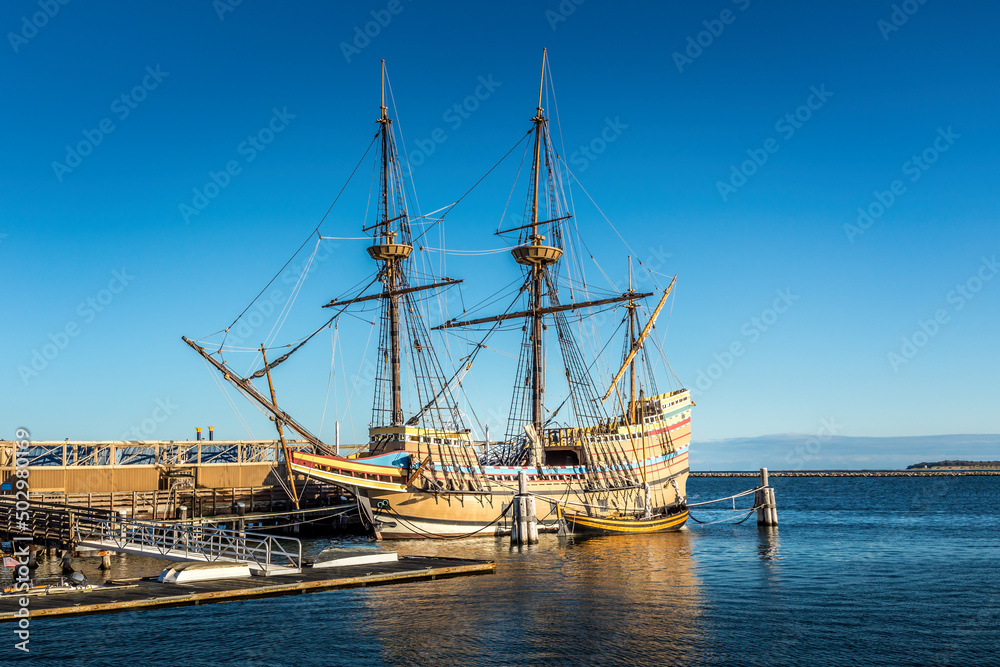 The historic ship Mayflower in the harbor of Plymouth