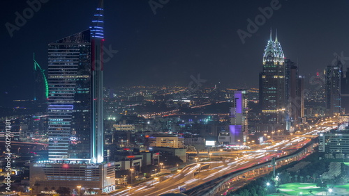 Aerial view of Sheikh Zayed Road in Dubai Internet City area night timelapse