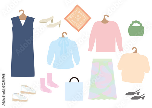 女性洋服セット2　春物　洋服・上着・スカート・半袖ニット・ズボン・靴・鞄・小物