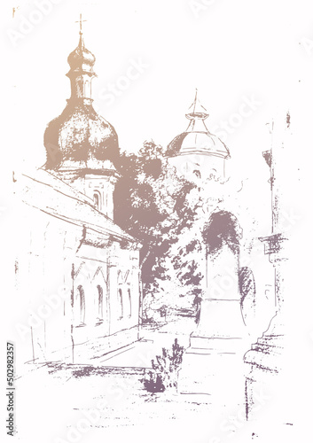 Refectory church of the monastery in the Kyiv city. Vector traced hand drawn pencil sketch landscape 
