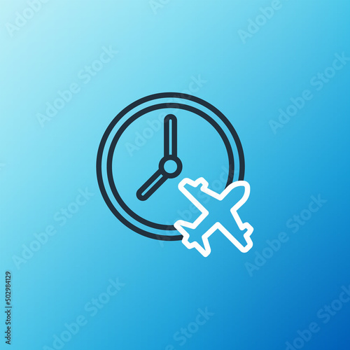 Line Clock with airplane icon isolated on blue background. Designation of time before departure, check-in for flight and arrival time symbol. Colorful outline concept. Vector