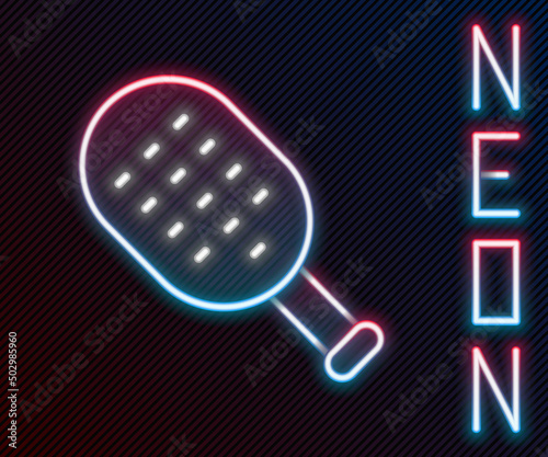Glowing neon line Sauna brush icon isolated on black background. Wooden brush with coarse bristles for washing in the bath. Anti cellulite massage. Colorful outline concept. Vector