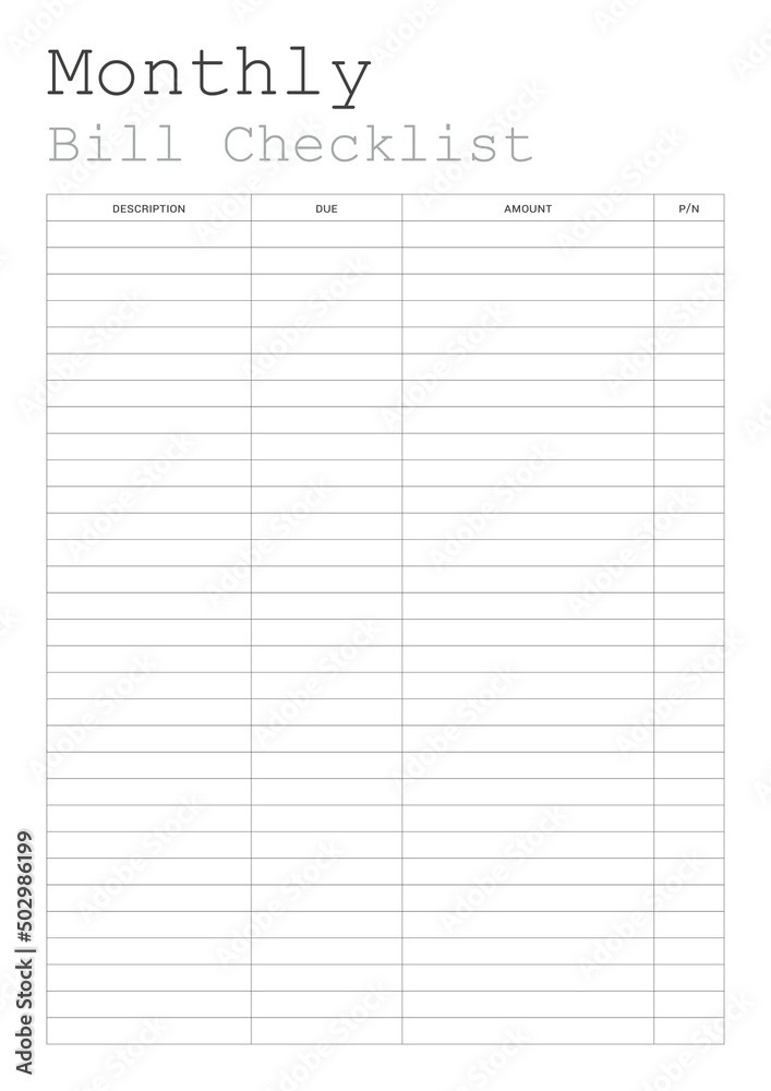 Monthly Bill Checklist. Monthly Bill Checklist.