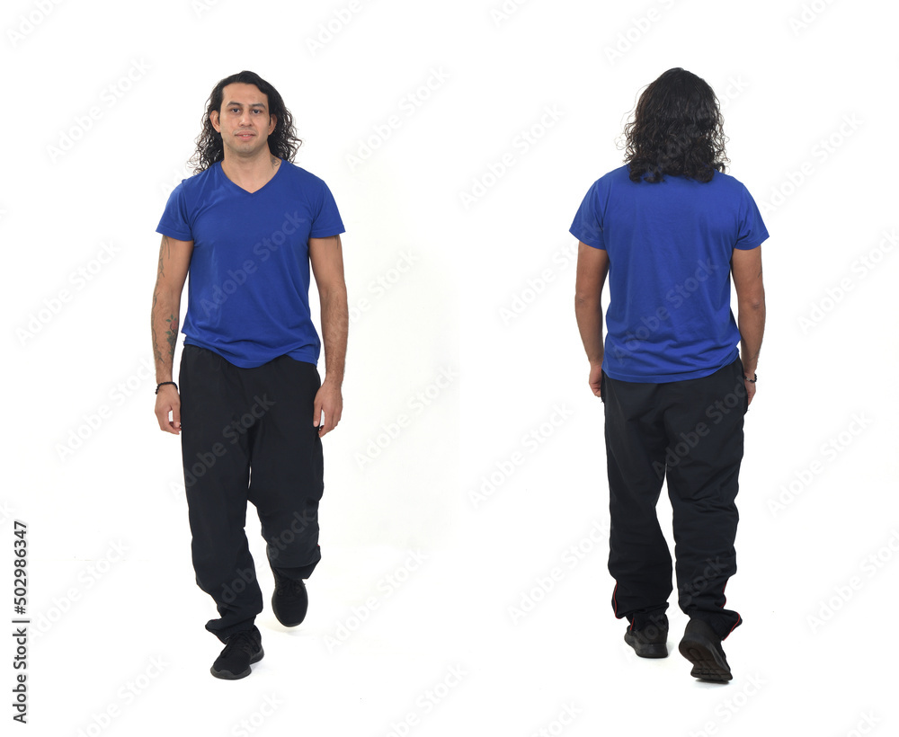 back and front view of a man walking with sportswear and long hair and tottoo on white background back and front view of a man walking with sportswear and long hair and tottoo on white background