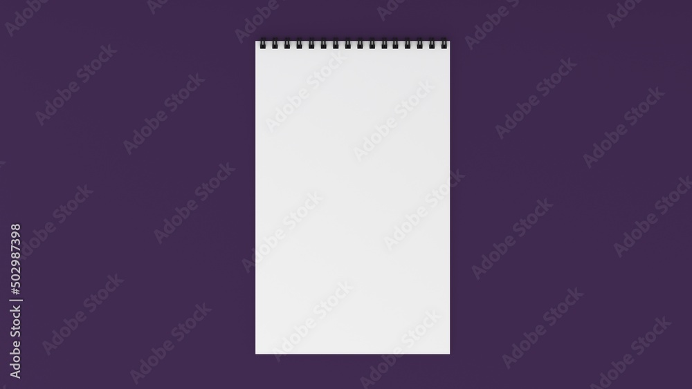 Mockup blank paper notebook or notepad on purple background. 3d rendering. Mockup blank paper notebook or notepad on purple background. 3d rendering.