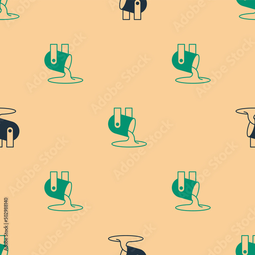 Green and black Molten gold being poured icon isolated seamless pattern on beige background. Molten metal poured from ladle. Vector