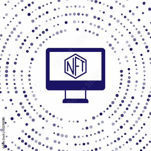 Blue Monitor with art store app icon isolated on white background. Technology of selling NFT tokens for cryptocurrency. Non fungible token concept. Abstract circle random dots. Vector