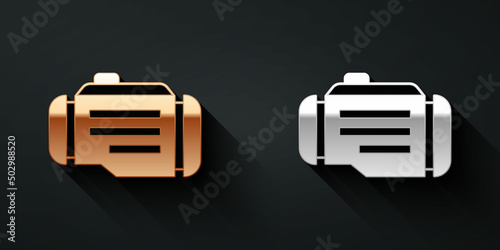 Gold and silver Check engine icon isolated on black background. Long shadow style. Vector
