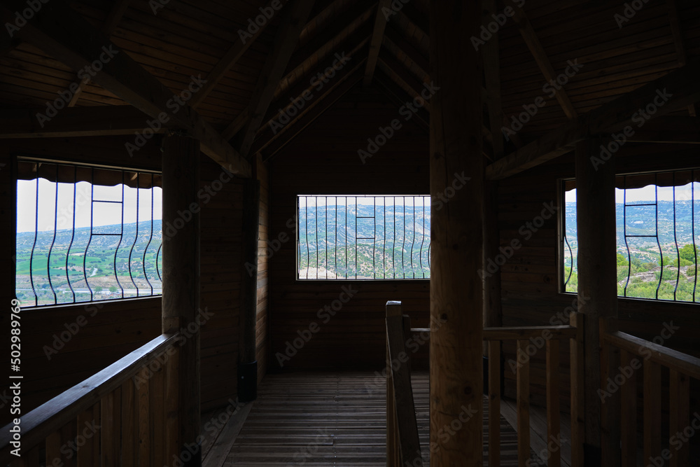 Wooden house view from inside the house, natural beautiful view from wooden house at top of mountain.