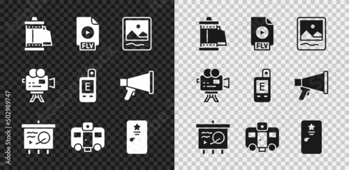 Set Camera roll cartridge, FLV file document, Photo frame, Scenario on chalkboard, Actor trailer, Backstage, Retro cinema camera and Light meter icon. Vector