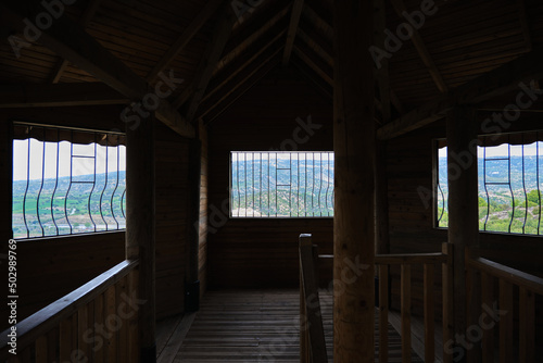 Wooden house view from inside the house, natural beautiful view from wooden house at top of mountain.
