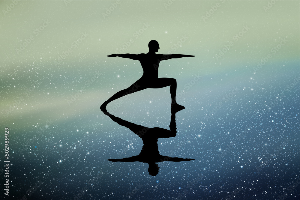 Man in warrior pose on water. Yogi silhouette. Blue starry night sky