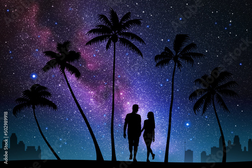 Lovers walk on city beach. Couple under palm trees. Milky Way at night