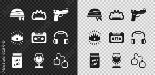 Set Bandana, Brass knuckles, Pistol or gun, Evidence bag with bullet, Wine glass, Handcuffs, King crown and Retro audio cassette tape icon. Vector