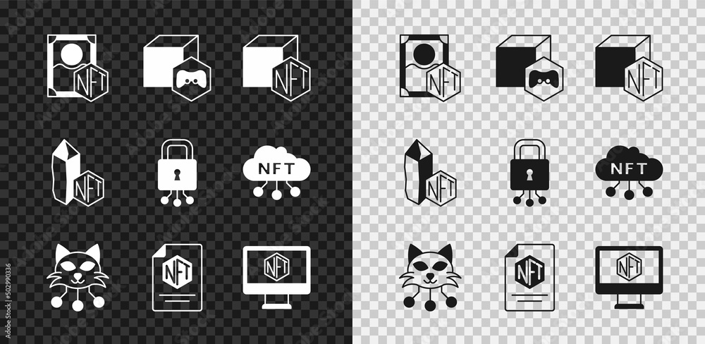 Set NFT Digital crypto art, contract, Monitor with store app, and Cyber security icon. Vector - obrazy, fototapety, plakaty 