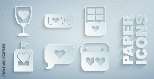 Set Heart in speech bubble, Chocolate bar, Perfume, Calendar with heart, Love text and Glass of champagne icon. Vector