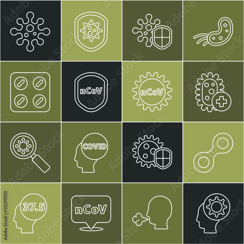 Set line Human and virus, Virus, Positive, Shield protecting from, Pills blister pack, and Corona 2019-nCoV icon. Vector
