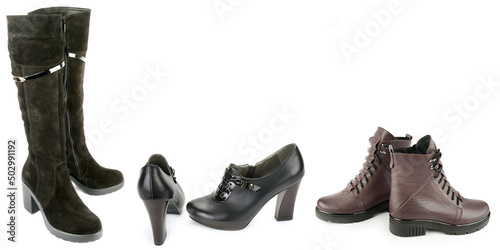 Boots, shoes and ankle boots isolated on white background. Wide photo.