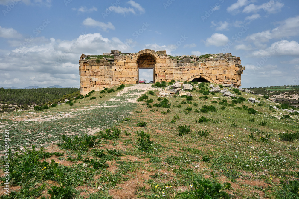 The ruins at Blaundus, Turkey, Blaundus ancient greek city and its entrance gate. Low angle view.