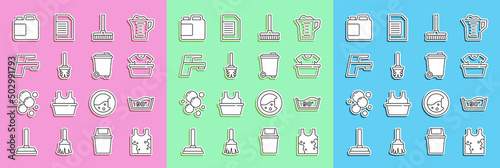 Set line Dirty t-shirt, Temperature wash, Basin with, Handle broom, Toilet brush, Water tap, Bottle for cleaning agent and Trash can icon. Vector
