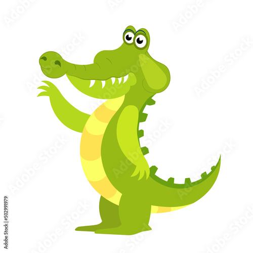 Friendly cute green crocodile character. Aligator flat vector cartoon illustration. Funny wild animal isolated on white background
