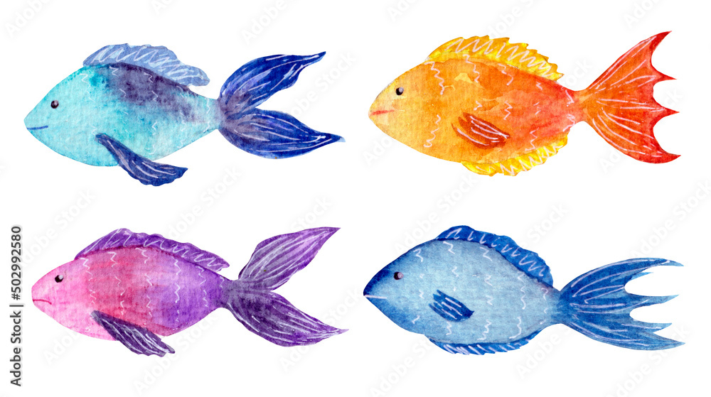 Bright and colorful watercolor fishes collection isolated on white background.