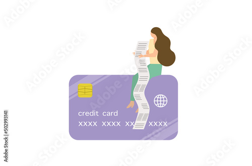 A woman is holding credit card invoice, flat design of money management vector, flat design of a woman with long shopping list vector, flat design of a woman’s using credit card vector.