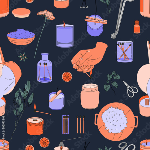 Various Candles seamless pattern. Different shapes and sizes. Pillar, jar candle, square, container candle, multi wick. Decorative wax candle making for relax and spa. Matches, candle snuffer.