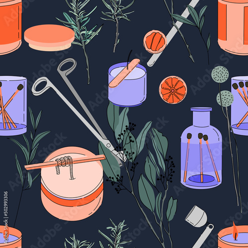 Various Candles and herbs seamless pattern. Different shapes and sizes. Jar candle, square, container candle. Decorative wax candle making for relax and spa. Matches, scissors, candle snuffer.