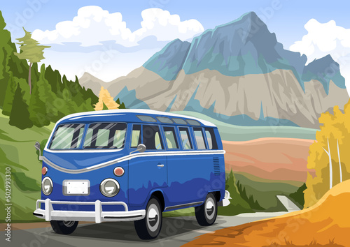 Blue van on the road. Illustrations