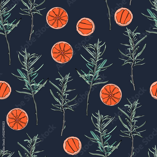Herbs hand drawn background. Seamless pattern with rosemary and oranges on dark blue background. Colorful wallpaper vector. Decorative illustration, good for printing.
