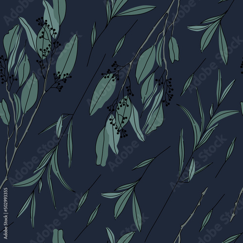 Herbs hand drawn background. Seamless pattern with leaves and branches on dark blue background. Decorative illustration, good for printing.